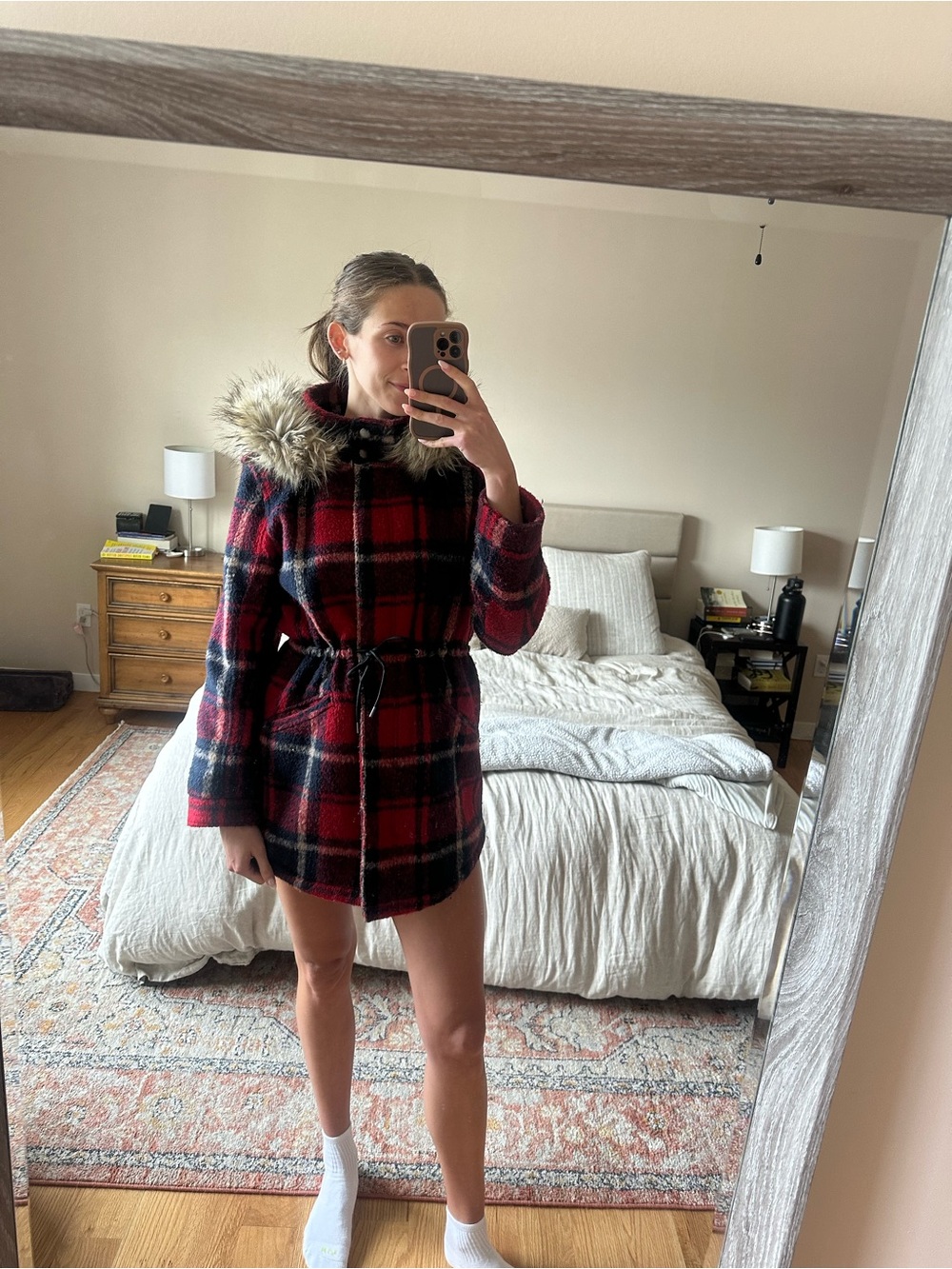 American Eagle Red & Navy Plaid Hooded Coat with Faux Fur Trim